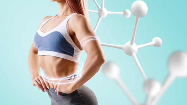 woman exercising and amino acid symbol