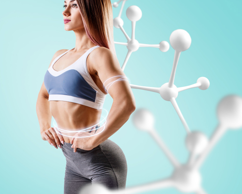 woman exercising and amino acid symbol